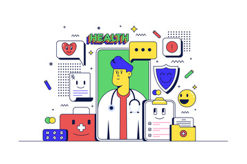 Fototapeta na wymiar Online Healthcare concept. Healthcare app and related icons. Flat line 90s cartoon style. Vector illustration