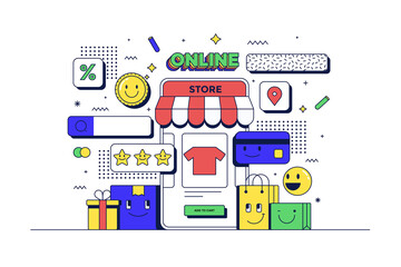 Naklejka premium Online Shopping concept. Mobile phone, Shopping app and related icons. Flat line 90s cartoon style. Vector illustration