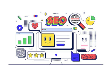 SEO optimization concept. Computer and related icons. Flat line 90s cartoon style. Vector illustration