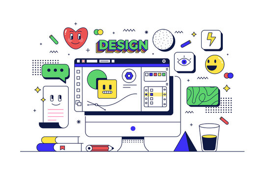 Graphic design concept. Table with computer and related icons. Flat line 90s cartoon style. Vector illustration
