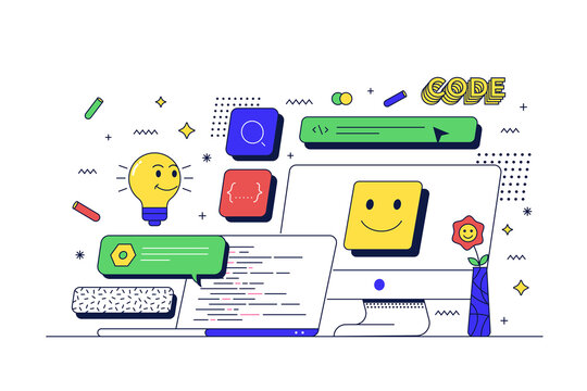 Web development concept. Table with computer and related icons. Flat line 90s cartoon style. Vector illustration