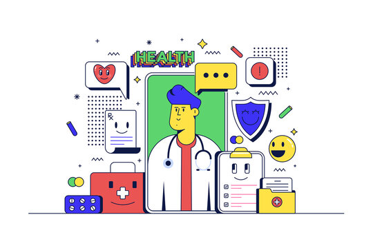 Online Healthcare concept. Healthcare app and related icons. Flat line 90s cartoon style. Vector illustration