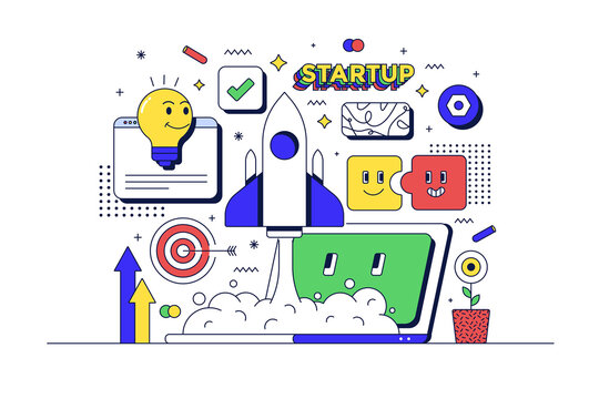 Startup concept. Laptop, rocket and related icons. Flat line 90s cartoon style. Vector illustration