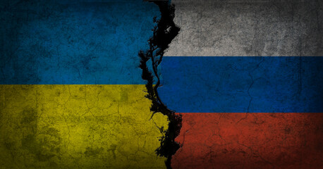 Banderas de Rusia y Ucrania rotas o fragmentadas