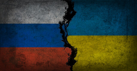 Banderas de Rusia y Ucrania rotas o fragmentadas - obrazy, fototapety, plakaty