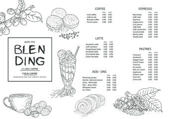 Coffee illustration for poster or menu template. Decorative sketch of cup of coffee. Restaurant cafe menu, template design. Vector.