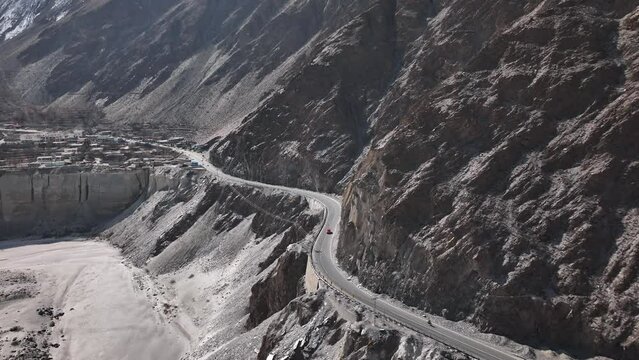 Aerial View Of New Section Of KKH Phase II At Khyber Pakhtunkhwa. Dolly Forward, Pedestal Up