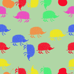 Seamless stylized colored hedgehogs. Hand drawn.