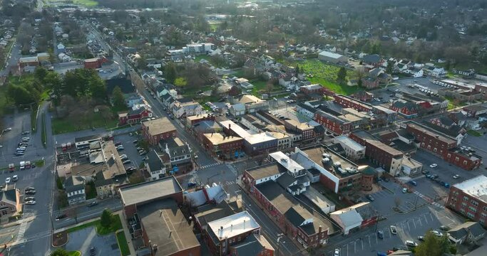 High aerial of small town in USA at late winter, early spring sunrise.