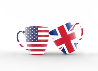 American and UK Flags On Coffee Mugs and Celebrating