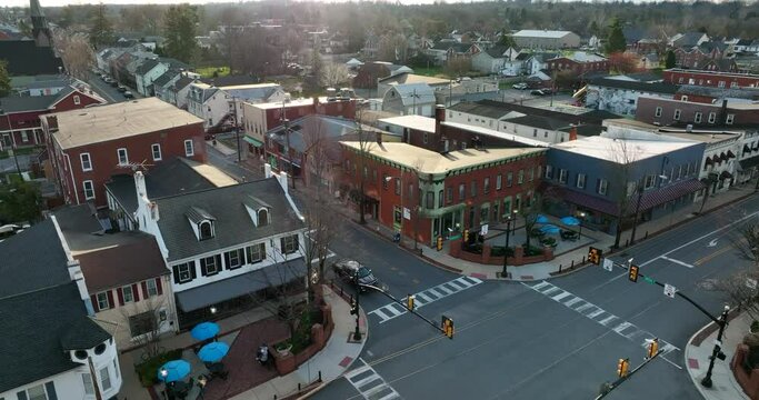 Historic American town square buildings in golden hour light. Aerial of Elizabethtown, Pennsylvania, Lancaster County USA.