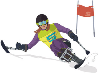 para sports paralympic alpine skiing, physical disabled female skier sitting in specialized mono-ski downhill on snow with flag isolated on a white background