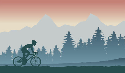 Silhouette of activities of people exercising with bike pass the forest