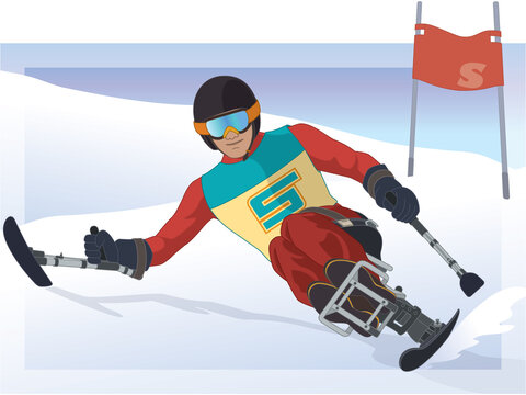 para sports paralympic alpine skiing, physical disabled male skier sitting in specialized mono-ski downhill on snow with flag and sky in background