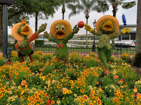 The Three Caballeros topiaries outside of the Mexico Pavilion at  Disney World's EPCOT during the Flower and Garden 
