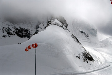 Winding road from Mittelallalin to Allalinhorn mountain peak, Saas Fee resort, canton Valais,...