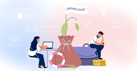 Unemployment concept Dismisses employee Jobless troubles Work crisis Job reduction Vector character illustration Professional burnout Lost job position Unemployed, waiting for work opportunities