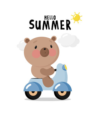 Cute Bear on the Scooter. Vector illustration in cartoon style. For card, posters, banners, books, printing on the pack, printing on clothes, fabric, wallpaper, textile or dishes.