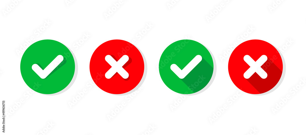 Aufkleber check box icon with checkmark icons green tick box and red cross, check list circle frame with yes and no icons with shadow