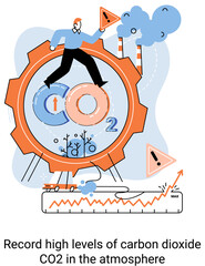 Record high levels carbon dioxide CO2 atmosphere. Industrial emissions affect changes in carbon dioxide concentration. Causes of climate change on planet. Problems of environment and ecology metaphor