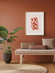 3d render of a Poster frame mock-up in red home interior background with a lounge bench and decor in living room,	
