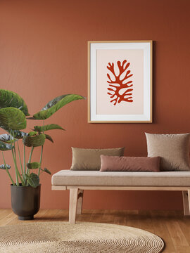 3d Render Of A Poster Frame Mock-up In Red Home Interior Background With A Lounge Bench And Decor In Living Room,	
