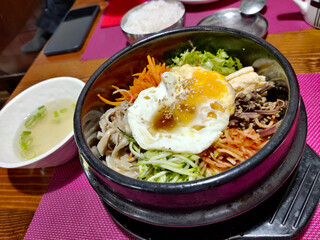 Close up view of delicious Korean dish called bibimbab.