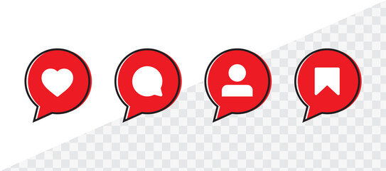 Social media notification icons in speech bubbles like love comment save follower icon	