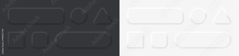 Poster 3d neumorph buttons. black and white circle, square, triangle neumorph buttons with shadow. set of b