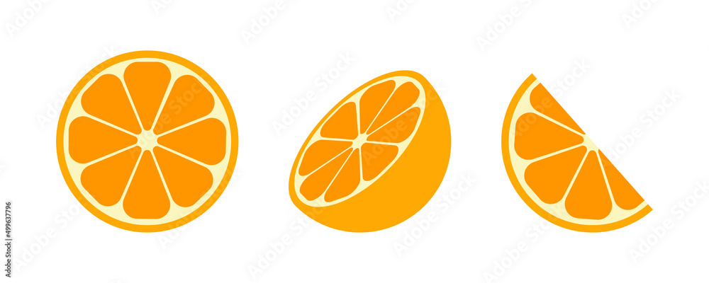 Wall mural Orange slices. Citrus icons of orange. Round, half and slice of fruit for juice. Fruit with vitamin C. Flat icon isolated on white background. Vector