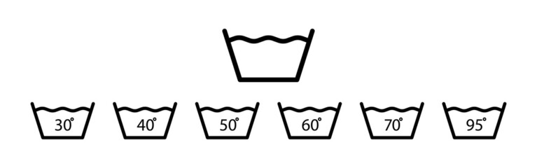 Wash degree icons. Wash temperature degree from 30 to 95. 30, 40, 50, 60, 70, 90 and 95 degrees for washing clothes. Laundry symbols isolated on white background. Vector - obrazy, fototapety, plakaty