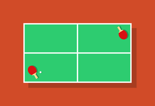 Ping pong table. Tennis table with racket and ball. Top view equipment. Game and tournament. Green cartoon pingpong court isolated on red background. Icon for match and competition. Vector