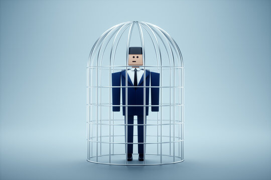 Businessman in a suit in a metal cage. Possibilities are limited, business metaphor, mind prison, problems, difficulties. 3D render, 3D illustration.