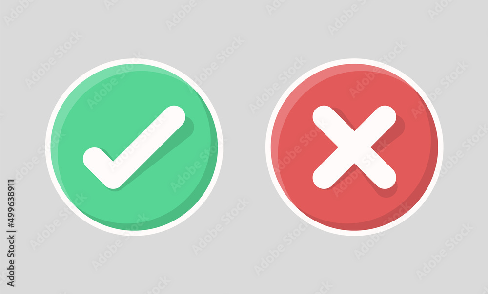 Poster check box icon with checkmark icons green tick box and red cross, check list circle frame with yes and no icons