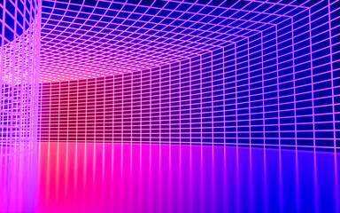 Neon grid and tunnel, 3d rendering.