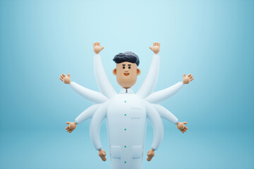 Doctor, therapist with many hands, good specialist, many competencies. Huge employment, demanded specialist, professional. The doctor works hard. 3d render, 3d illustration, copy space.