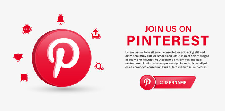 join us on pinterest 3d logo for social media icons 3d. follow us on pinterest with social media notification icons like love comment share save find icon. post reactions. pinterest banner background