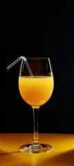 Glass of orange juice on a black background.