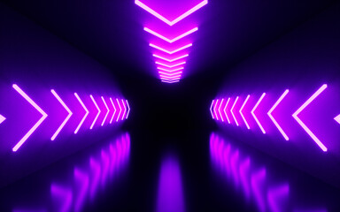 Neon arrows in the tunnel, 3d rendering.