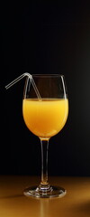 Glass of orange juice on a black background.