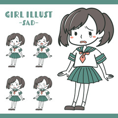 表情豊かな女子学生のイラストセット　悲しい・泣き顔