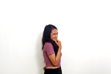 asian girl is disgusted to see something isolated on white background