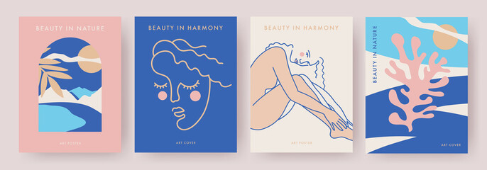Poster set in modern art style. Concept of beauty in harmony and nature. Minimalist trendy illustration of female figure, portrait of beautiful girl, abstract nature scene. Wall art, print, cover, ads