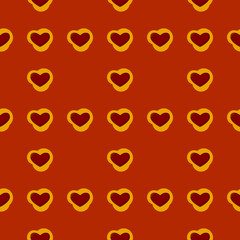 Line art seamless pattern in the form of a red heart on color shape. Romance graphic texture. Holiday celebration concept. Decorative print. Geometric bright wallpaper. Black contour line