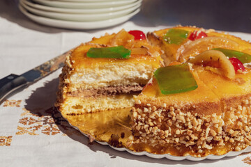Close-up of a Spanish Easter Mona. Concept of a cake that is eaten on Easter Monday in Spain.