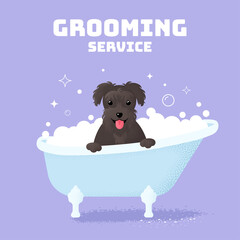 A dog in a bubble bath. Illustration of a puppy. Concept for a grooming salon