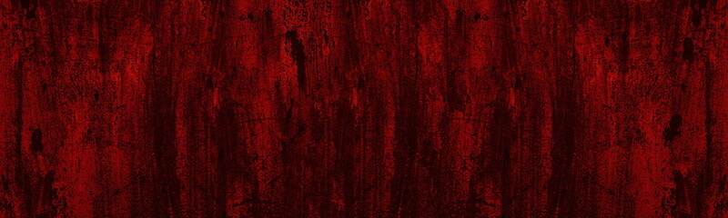 Old scratched bright red paint surface wide panoramic texture. Bloody red wall. Dark scarlet color gloomy grunge abstract long banner background