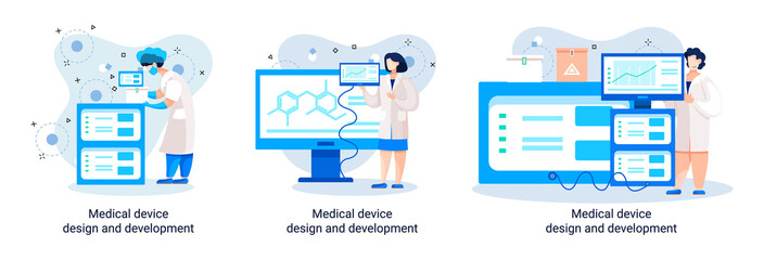 Medical device design and development metaphor with scientist develop research appliance, equipment and experiment. Laboratory diagnostic service chemistry clinic laboratories, pharmaceutical research