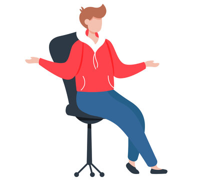 Woman Sitting On Chair, Hands Are Spread Out To Sides, Expresses Emotions With Gestures And Talks. Female Character Communicating With Someone Sitting On Office Chair Isolated On White Background