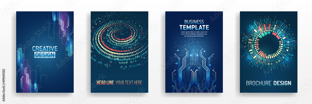 Fototapete Abstract vector template in hi-tech style. Modern cover design using tech elements and data visualization. Futuristic layout for presentation, poster, leaflet, annual report, a4 size.